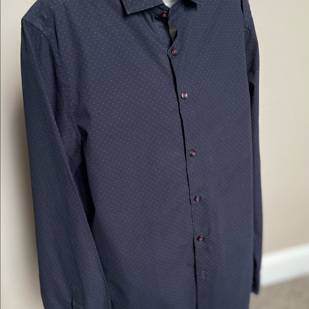 Men size S Denim and Flower navy + red dot shirt